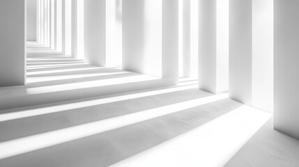 a refined digital abstraction where beams of precise, simulated lighting carve sharp, geometric patterns into an otherwise pristine white space the shadows create a rhythmic interplay of structure