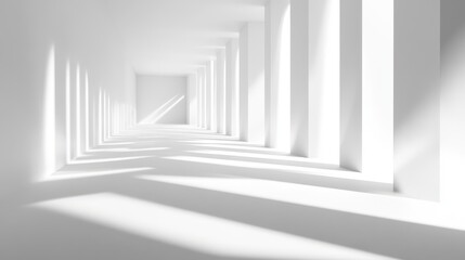 a refined digital abstraction where beams of precise, simulated lighting carve sharp, geometric patterns into an otherwise pristine white space the shadows create a rhythmic interplay of structure