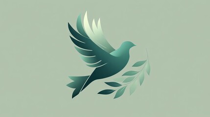 a refined, modern logo-style illustration of a bird soaring, its silhouette formed by smooth, graceful curves and delicate leaf-inspired elements the harmonious blend of emerald and mint green tones