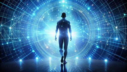 Man walks into glowing digital network portal, embracing future technology and innovation