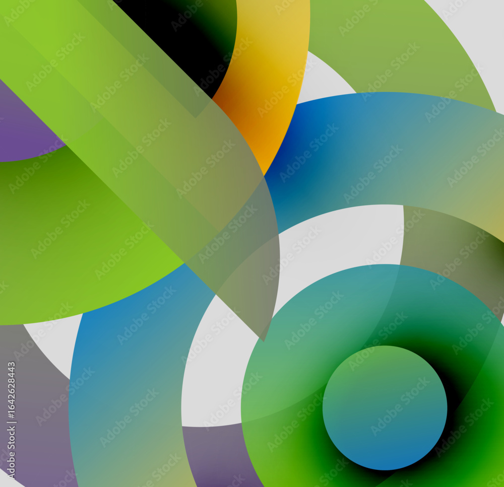 Poster abstract composition. overlapping circles create dynamic visual effect. colors blend, forming gradie