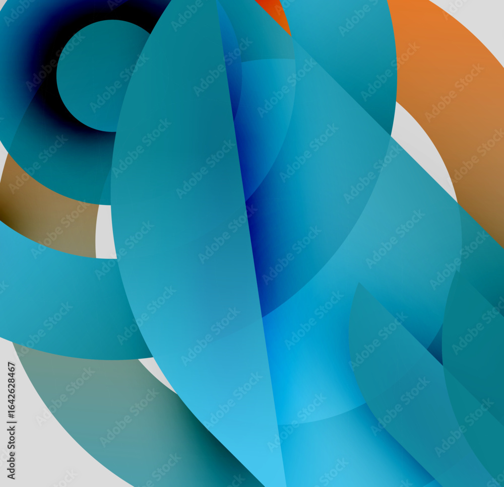 Poster abstract composition. overlapping shapes create dynamic visual experience. blues, oranges, whites do