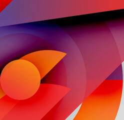 Abstract composition. Overlapping shapes create vibrant gradients. Orange, red, purple dominate design. Minimalist aesthetic. Modern art.