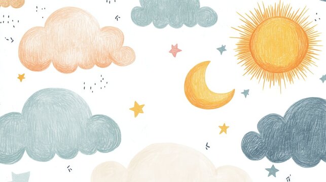 a soft and cheerful depiction of weather icons, illustrated in a crayon-inspired technique, featuring rounded clouds with feathery edges, warm golden suns with gentle rays, crescent moons nestled