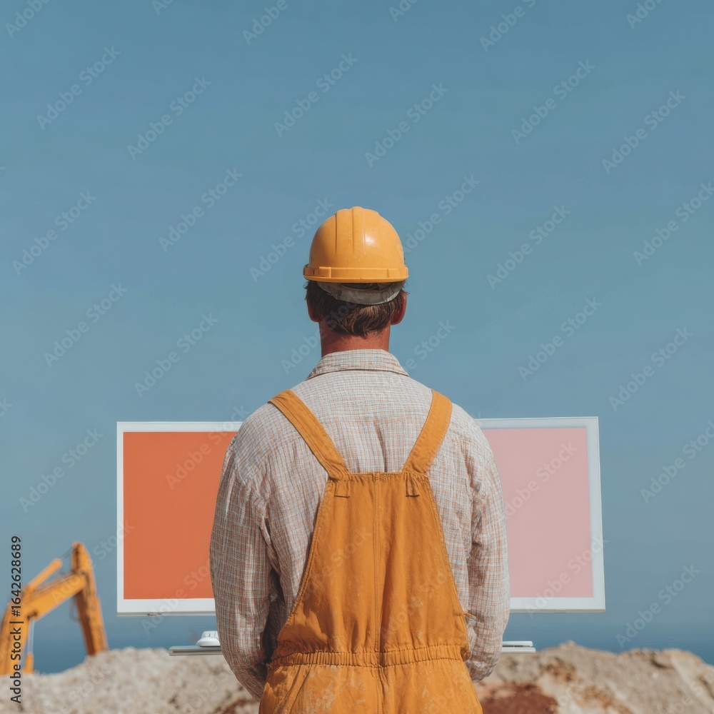 Poster professional construction worker using project management software at busy site office modern produc