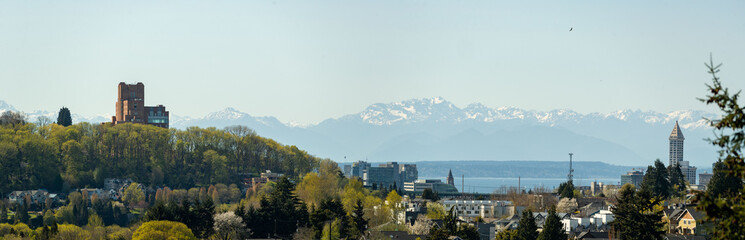 Skyline view of downtown Seattle, Washington. Overlooking the Puget Sound and waterfront.