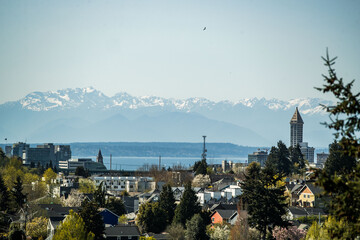 Skyline view of downtown Seattle, Washington. Overlooking the Puget Sound and waterfront.