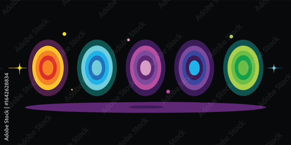 Poster abstract aura vector set. colorful concentric circles with a retro psychedelic effect. a modern spir