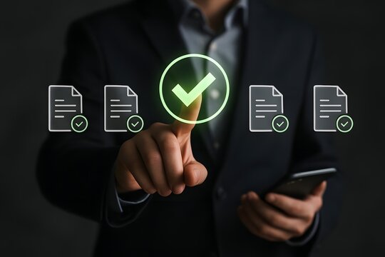 Digital checklist and approval workflow showing business document validation and task tracking system for decision making, process optimization, and quality verification with high efficiency