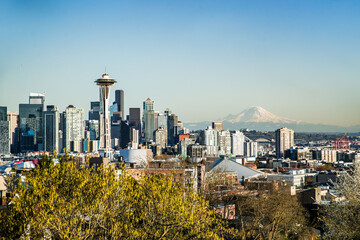 Skyline view of downtown Seattle, Washington. Overlooking the Puget Sound and waterfront.