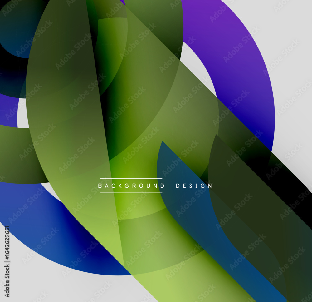 Poster abstract design features overlapping translucent shapes. greens, blues, purples create dynamic visua