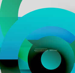 Abstract design features overlapping circles, squares. Teal, green, black hues create modern aesthetic. Minimalist composition.