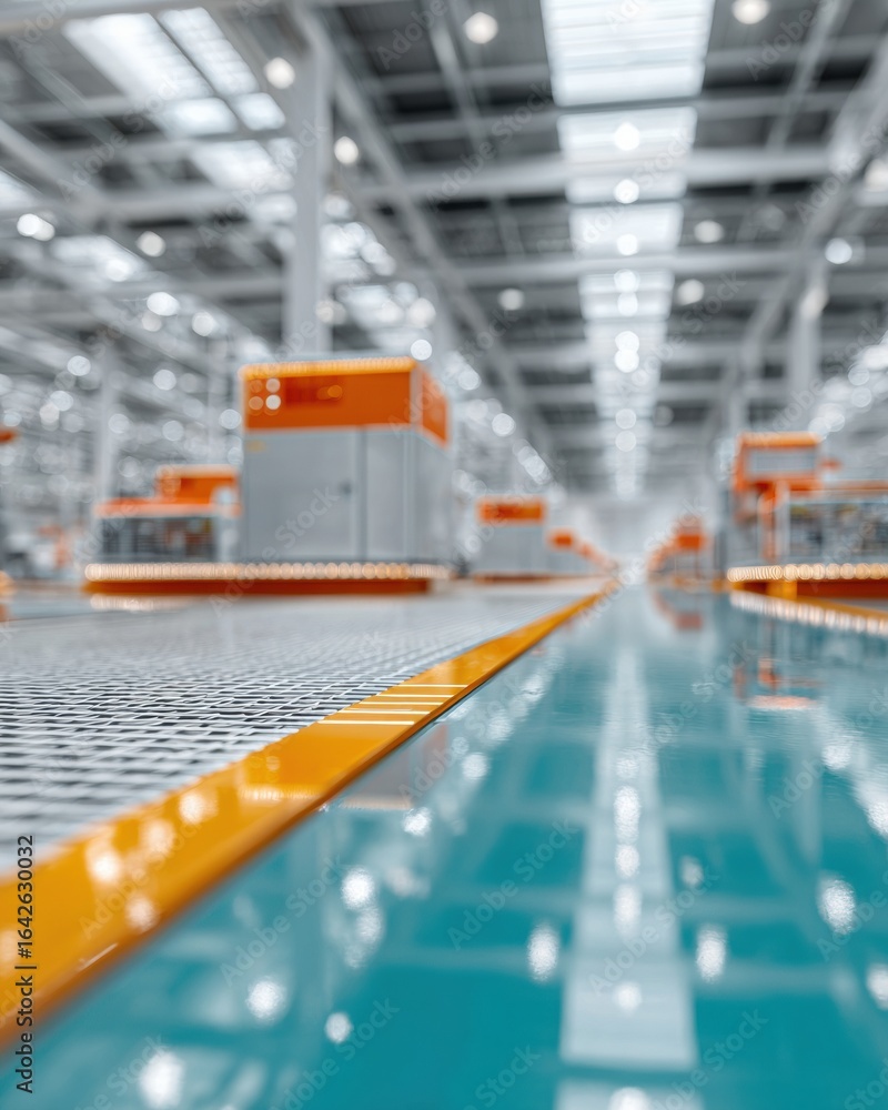 Poster modern automated factory floor with premium digital quality index chart showing upward performance t