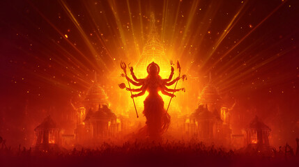 Durga Puja Celebration, depiction of Durga with ten arms holding divine weapons, glowing temple backdrop