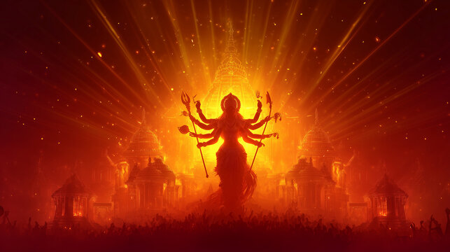 Durga Puja Celebration, depiction of Durga with ten arms holding divine weapons, glowing temple backdrop