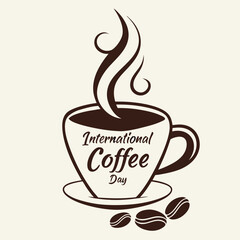 International Coffee Day graphic featuring a steaming cup of coffee.