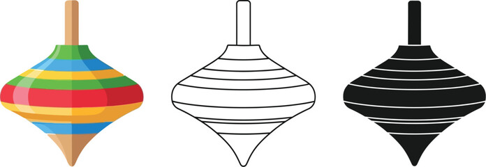 Spinning top toy vector illustration set of three styles