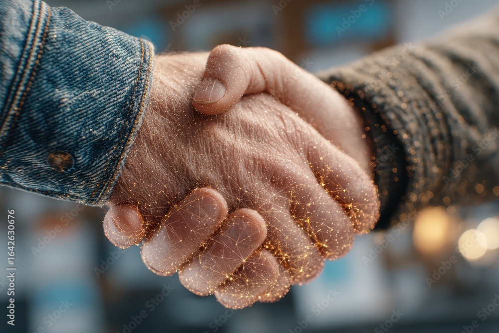 Poster close-up of two hands shaking with sparkling effects in background