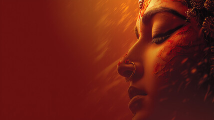 Durga Puja Theme, close-up of Durga’s face with calm expression and vibrant sindoor, modern devotional look