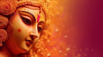 Durga Puja Theme, close-up of Durga’s face with calm expression and vibrant sindoor, modern devotional look