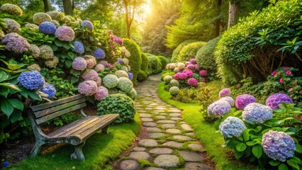 Hydrangea Garden Path with Bench