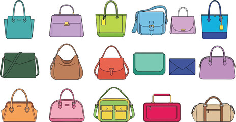 Colorful handbags collection fashion accessories vector set
