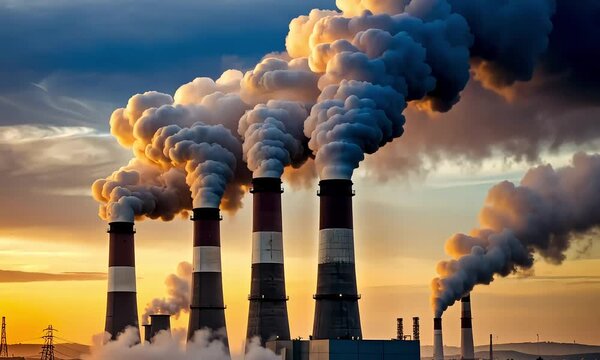 Industrial smokestacks against sunset sky pollution problem