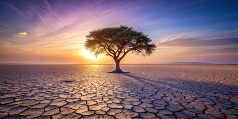 Lone Tree on Cracked Earth at Sunset