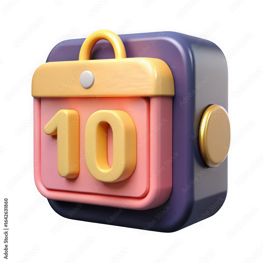 Poster 3d calendar icon with number 10 date isolated on a transparent background