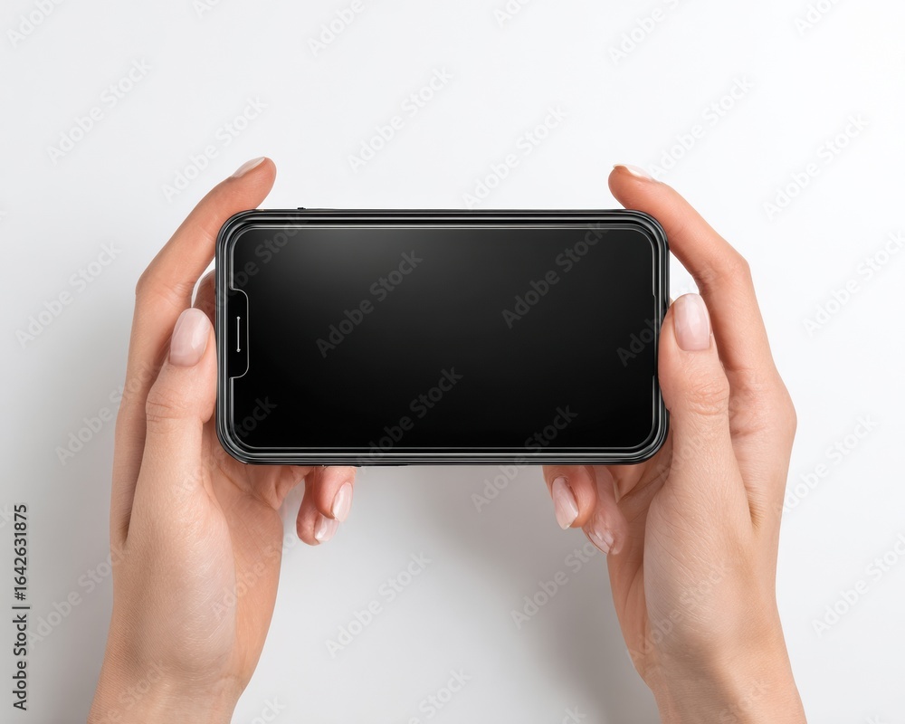 Poster modern horizontal smartphone mockup with blank screen held by hands premium authentic tech content f