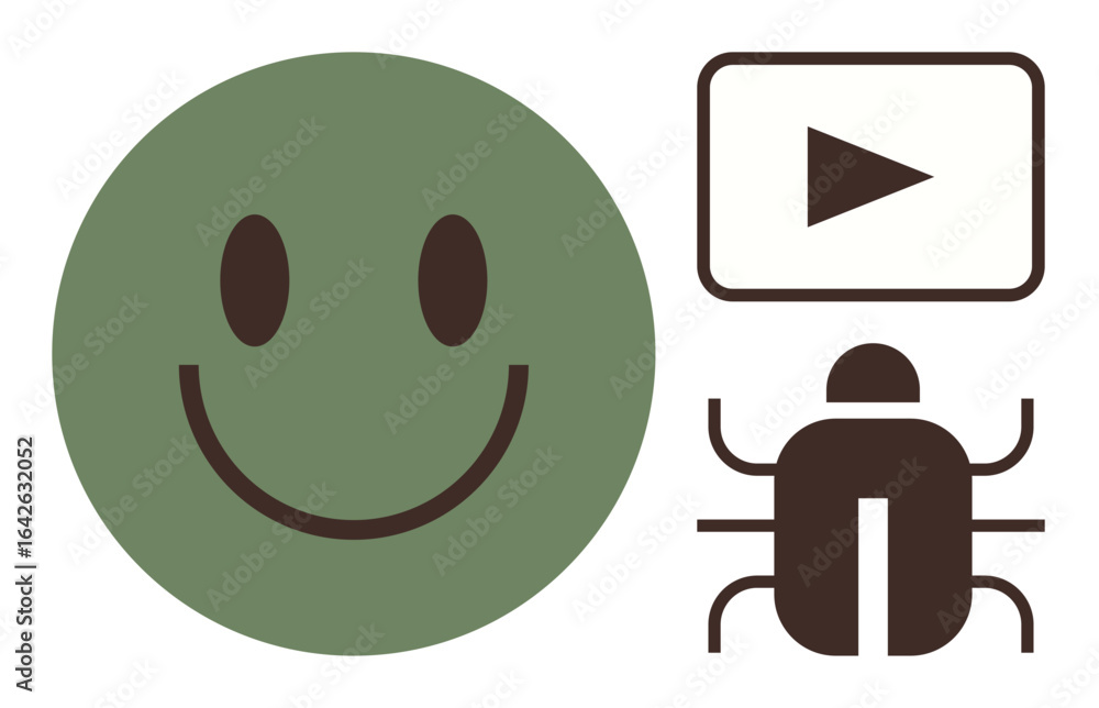 Poster green happy face, play button, and bug icon highlighting concepts such as user feedback, functionali