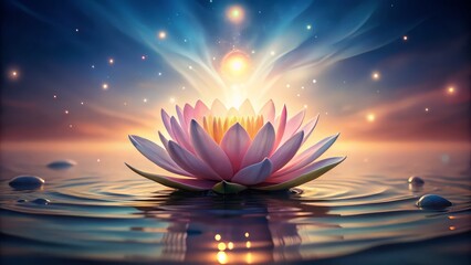 Peaceful pink lotus blooming on serene water surface with soft glowing light and bokeh