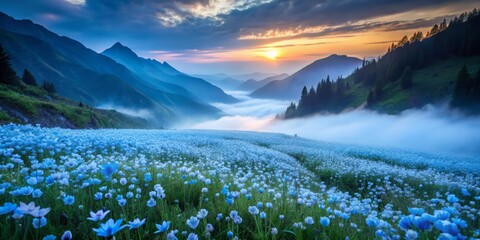 Mountain Valley with Wildflowers and Morning Mist