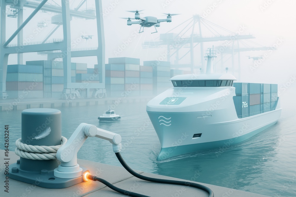 Poster futuristic autonomous cargo ship at smart port with robotic arm and drones in misty background, symb