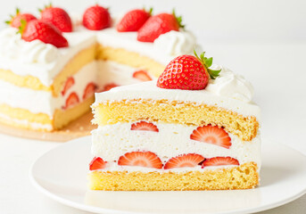 A Perfect Slice of Japanese Strawberry Shortcake with Fresh Strawberries and Cream on a Minimalist White Background