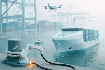Fototapeta premium Futuristic autonomous cargo ship at smart port with robotic arm and drones in misty background, symbolizing modern transport technology shift. Ai generative