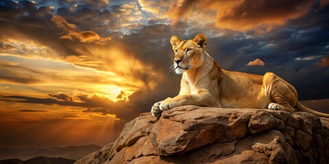 Lioness Resting on Rock at Sunset