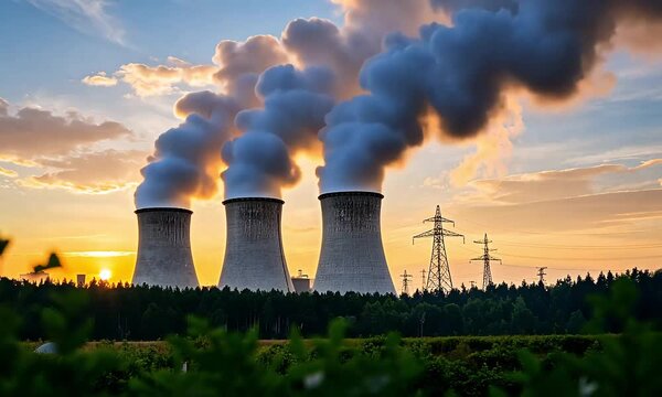 Industrial structures and smoke plumes at sunset