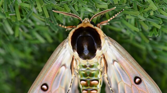 Stunning large moth with detailed wing patterns and eye-spots on vibrant green texture, macro close-up of beautiful insect