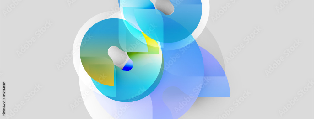 Poster abstract shapes overlap, creating dynamic composition. blue, white, yellow hues dominate design. mod