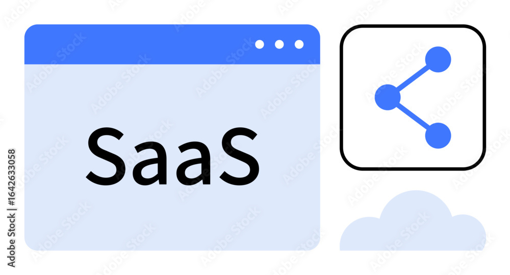 Poster browser window highlighting saas, network connection icon, and cloud graphic. ideal for technology, 