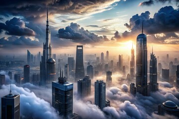 Cityscape Above the Clouds at Sunset
