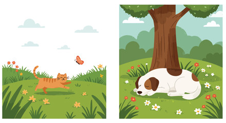 A playful ginger cat chases a butterfly in a vibrant meadow, while a spotted dog peacefully sleeps under a tree.