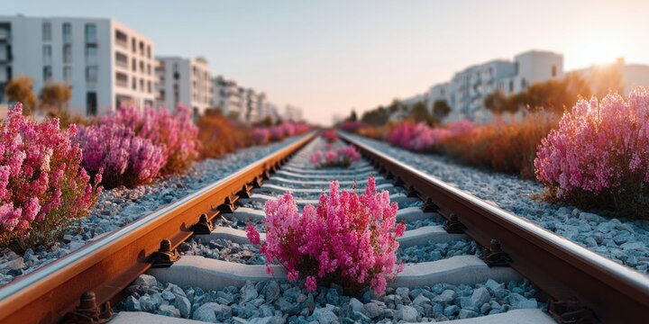 Modern Urban Railway and Cycling Tracks with Blooming Flowers Premium Authentic City Infrastructure for Millennial Lifestyle Marketing and Social Media Campaigns - Powered by Adobe