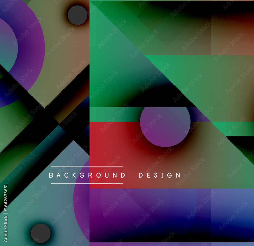 Poster abstract geometric composition. vivid colors blend, creating dynamic visual experience. shapes overl