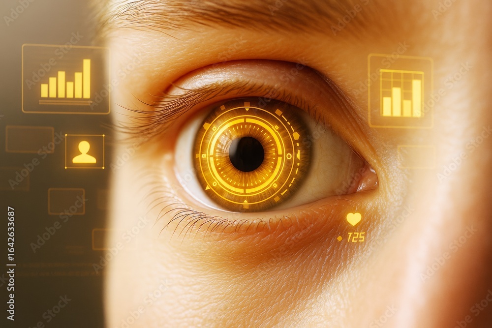 Poster futuristic human eye with glowing digital hud interface and biometric data icons on a science and te