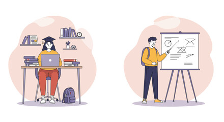Two illustrated scenes depicting students engaged in academic activities, one studying online and another presenting on a whiteboard.