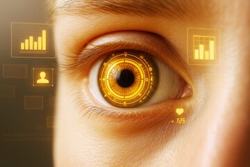 Futuristic human eye with glowing digital HUD interface and biometric data icons on a science and technology themed background in warm light tones.