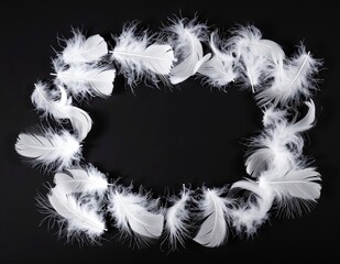 Fototapeta premium A delicate arrangement of soft white feathers meticulously placed in a perfect circle, contrasting beautifully against a deep black background.