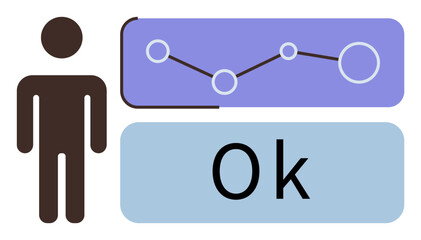 Person figure next to trend chart and Ok text. Ideal for progress tracking, data review, business analysis, decision-making, performance evaluation, feedback, and communication. Simple flat metaphor